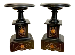 19th Century Italian Grand Tour Inlaid Black Marble Tazza - a Pair