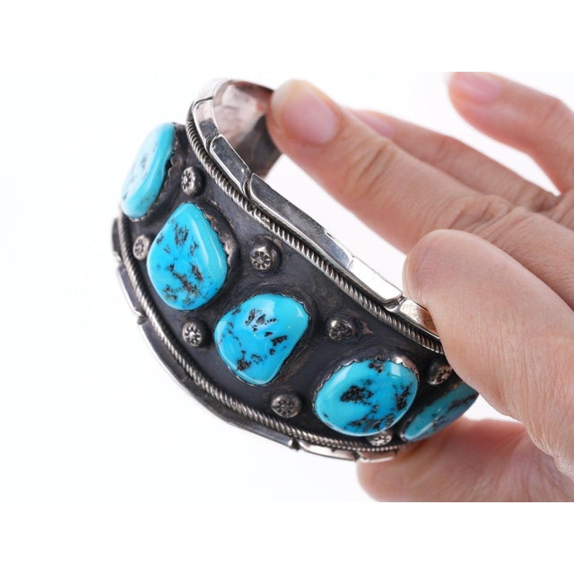 7.25" Large Navajo Sterling and turquoise bracelet For Sale - Image 4 of 11