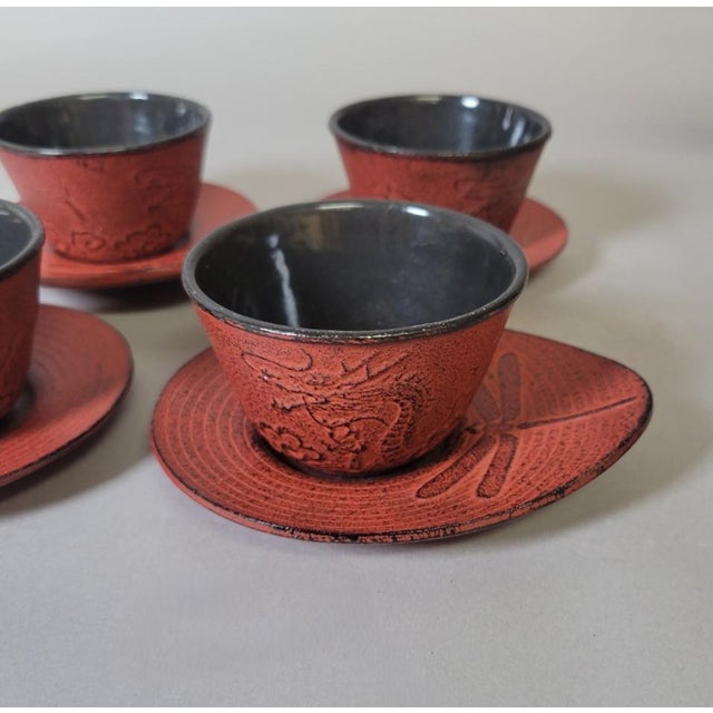 Chinoiserie Vintage Japanese Red Cast Iron Dragon & Dragonfly Tea Cups With Enameled Interiors & Saucers – Set of 8 For Sale - Image 3 of 7
