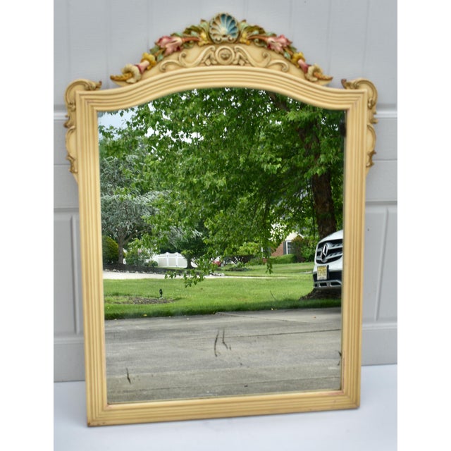 Vintage (1950's) Wall Mirror has a Venetian Style. The Frame is Wood. Carved & Painted. Distressed Finish, Rectangular...