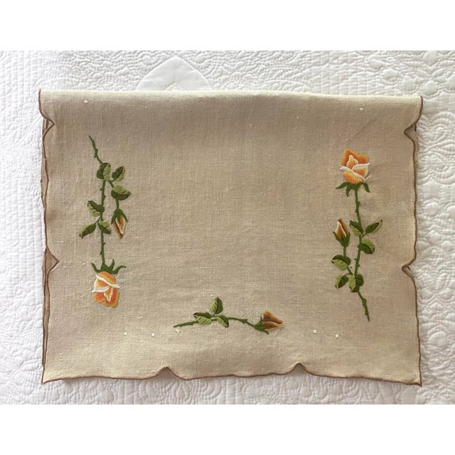Antique Silk Embroidered Taupe Linen Table Runner, C. 1920 For Sale - Image 4 of 6