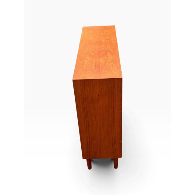 Brown Mid-Century Danish Modern Teak Bookcase Cabinet by Hjørnebo | Sliding Doors & Open Shelf For Sale - Image 8 of 10