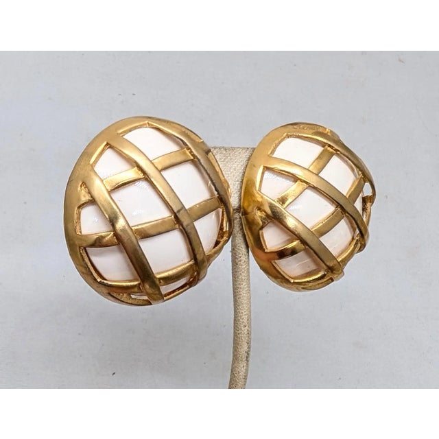 Vintage Signed Ugo Correani Italy Goldtone Round Domed White Cabochon Caged Clip Earrings-2 Pieces For Sale - Image 4 of 7