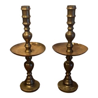 1960's Tall Etched Brass Floor Candle Holder Stands - A Pair For Sale