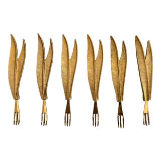 Vintage 24Kt Gold-Plated Cocktail Forks With Leaf Handles- Set of 6 For Sale