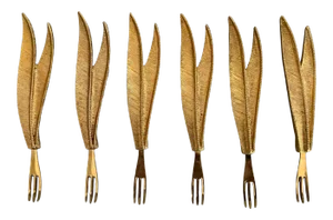Vintage 24Kt Gold-Plated Cocktail Forks With Leaf Handles- Set of 6