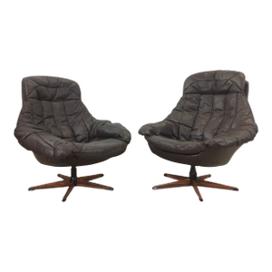 Danish Modern Swivel Lounge Chairs With Leather Upholstery - a Pair