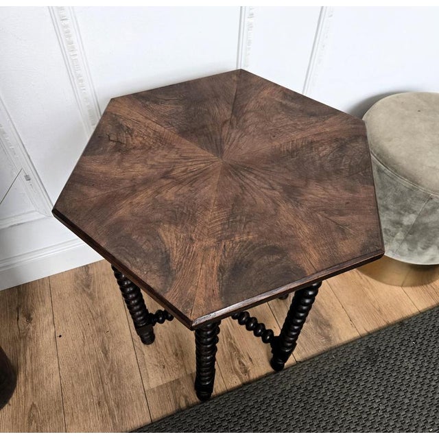 Antique Italian Hexagonal Walnut Side Table with Bobbin Turned Legs, 1890s For Sale - Image 10 of 11