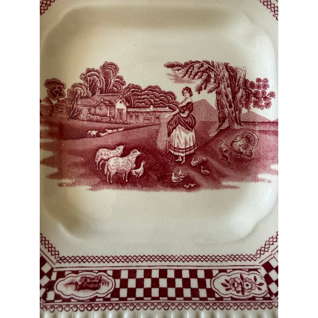 Ceramic Antique W. Adams & Sons Red Transferware Cake Plate | Old English Rural Scenes | Square Handled Serving Plate England For Sale - Image 7 of 12