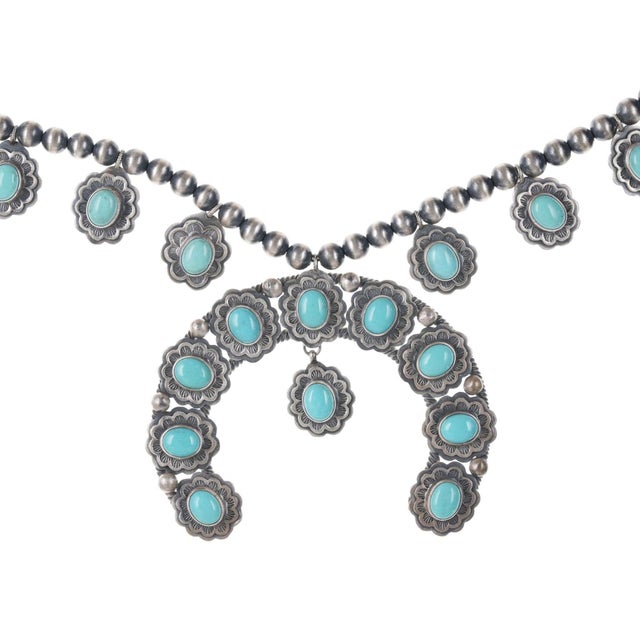 Contemporary Danny Clark Navajo (1946-2021) Sterling/turquoise squash blossom necklace For Sale - Image 3 of 5