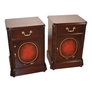 1940s Chinese Chippendale Dark Mahogany Leather Nightstands - a Pair For Sale