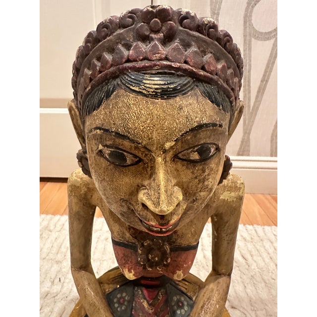 Large Vintage Indonesian Javanese Loro Blonyo Hand-Carved Polychrome Wood Bride & Groom Figures – Pair For Sale - Image 10 of 11