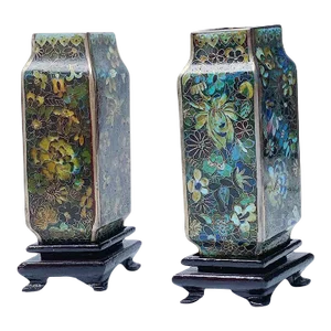 Antique 19th Century Chinese Cloisonne Rhombus Shaped Vases in Green With Rose Wood Stands - a Pair
