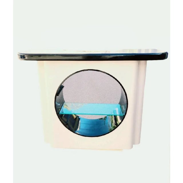 1960s Vintage Mid Century Modern Black Cream Veneer PortHole 12 Bottle Holder Dry Bar With Light For Sale - Image 5 of 12