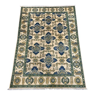Cream and Blue Chobi Wool Rug, 3'10" X 5'4" For Sale