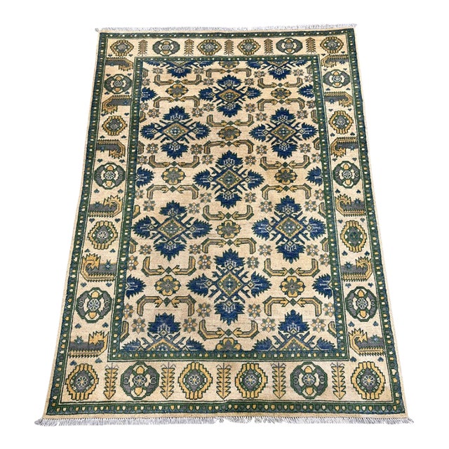 Cream and Blue Chobi Wool Rug, 3'10" X 5'4" For Sale