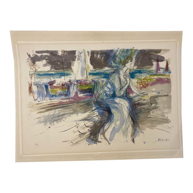 Jacques Pecnard Signed Limited Edition Modern Lithograph, Seated Figure by the Sea, 77/80 For Sale