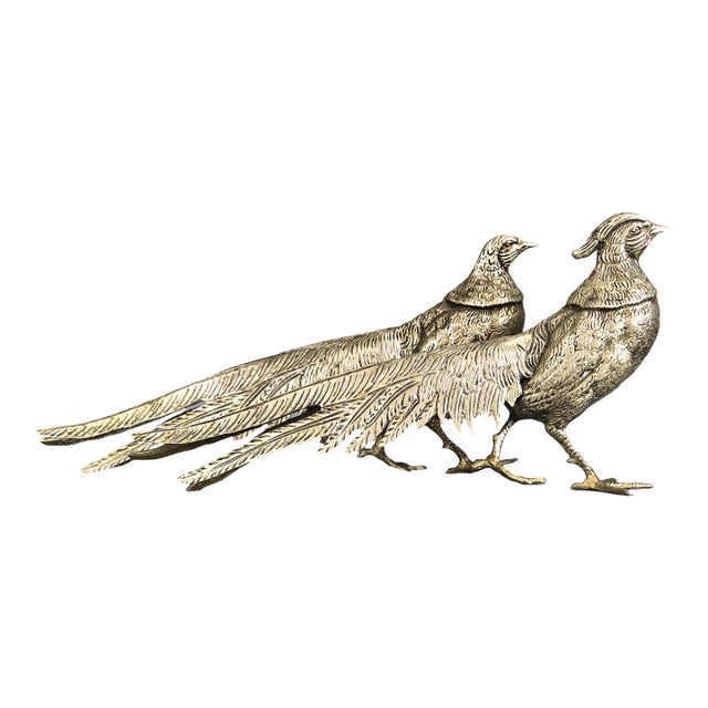 11" Pair of Antique Italian Silver Plated Pheasant Statues For Sale