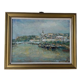 Vintage European Impressionist River Cityscape Oil Painting on Canvas – Framed For Sale