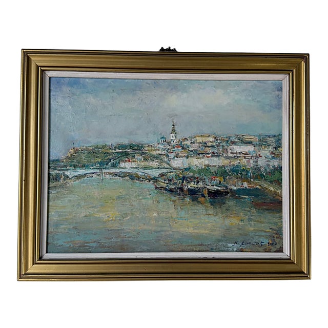 Vintage European Impressionist River Cityscape Oil Painting on Canvas – Framed For Sale