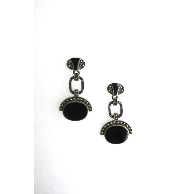 Black Onyx Sterling Silver Art Deco Dangle Earrings, Pair, Pierced, Circa Late-20th Century For Sale In New York - Image 6 of 12