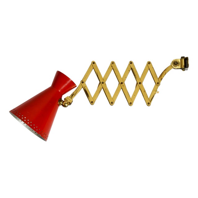 Mid-Century Brass Extendable Scissor Wall Lamp with Aluminum Diabolo Shade in Red and Brass, 1950s For Sale