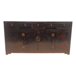 Antique Chinese Tall Sideboard With Faded Hand-Painted Doors, Red-Brown Patina For Sale