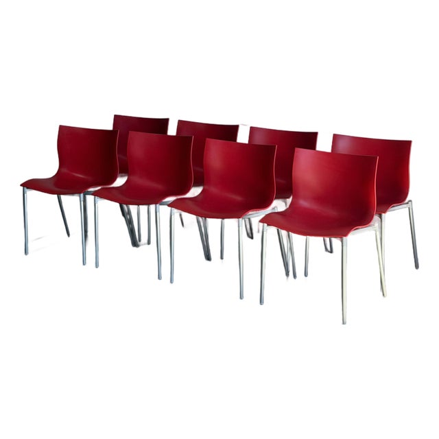 Philippe Starck Red Stacking Chairs Set of 8 Molded Plastic and Aluminum 1990s For Sale