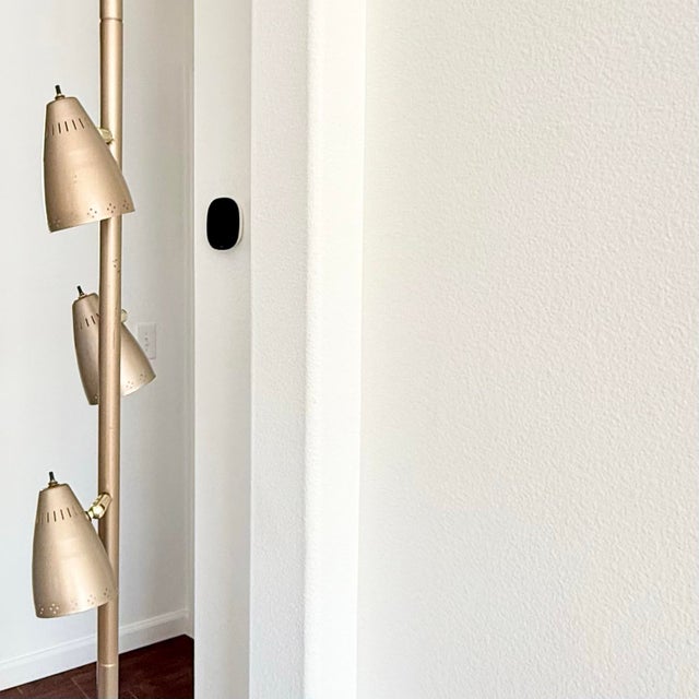 Mid Century Modern Tension Pole Lamp Bronze Punched Cone Shades 1960's Vintage Works. Shows some wear and age to finish....