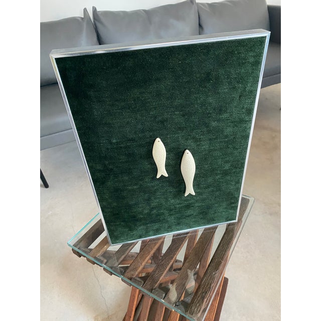 Kinetic Art Framed Bas Relief Carved Sardines Deep Forest Green Chenille Textile For Sale - Image 13 of 14