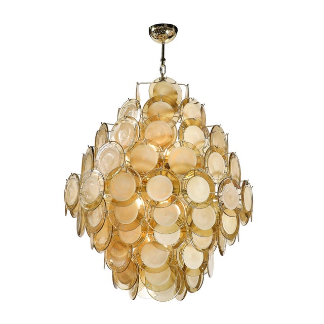 Modernist 10-Tier Handblown Topaz Murano Glass Disc Chandelier W/ Brass Fittings For Sale In New York - Image 6 of 17