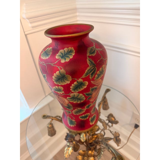 Hand-Painted Red Chinoiserie Style Vase With Birds & Pomegranate Motif For Sale In Charleston - Image 6 of 8