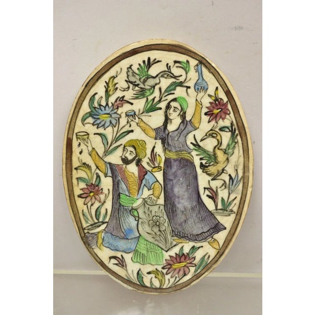 Antique Persian Iznik Qajar Style Ceramic Pottery Oval Tile Jugs Man & Woman C3 For Sale - Image 9 of 10