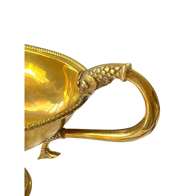 Metal Large Vintage Solid Brass Dolphin Handle Compote Footed / Pedestal Bowl in the Style of Sherle Wagner Palm Beach Regency For Sale - Image 7 of 13