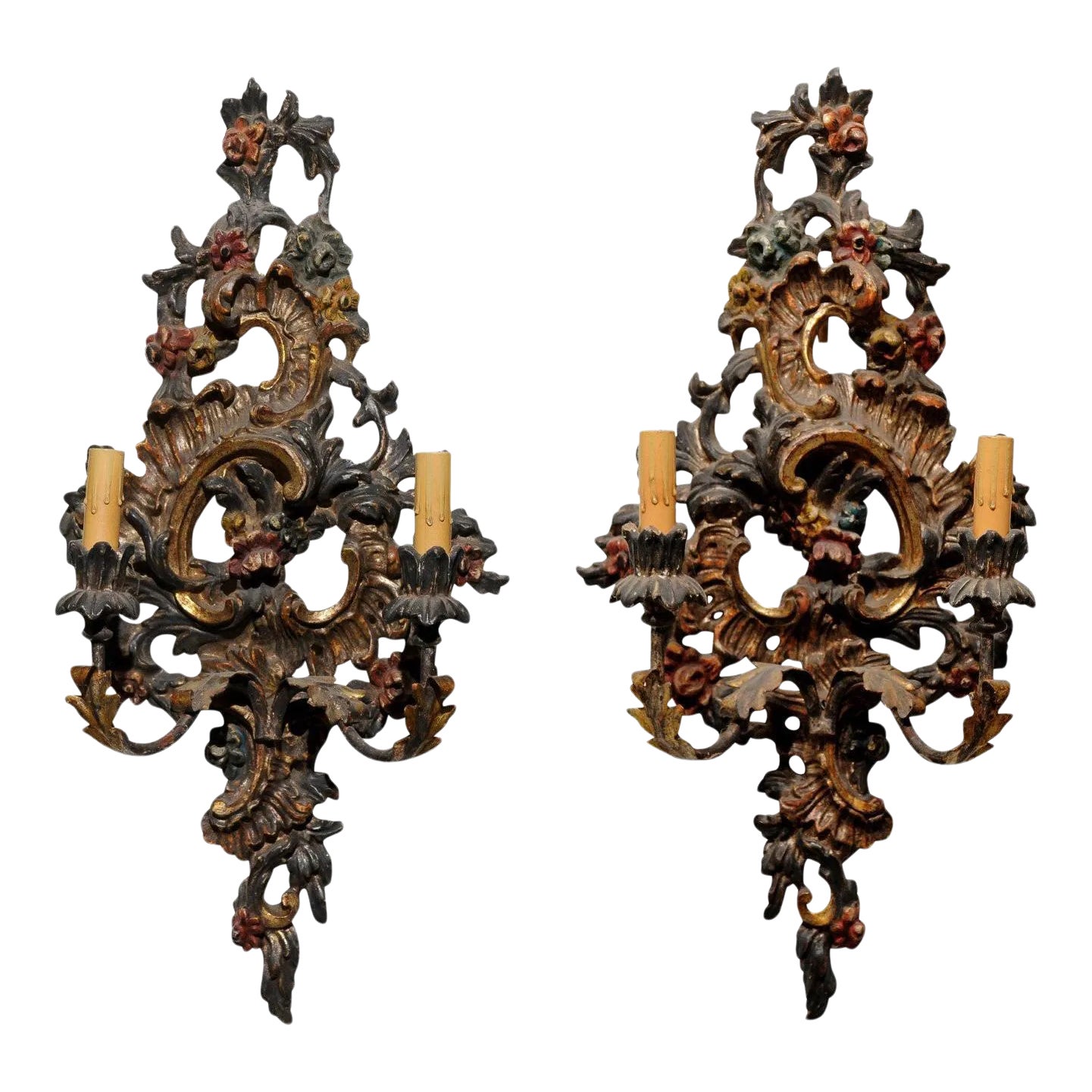 Late 19th Century Italian Rococo Style Carved and Painted Sconces - A ...
