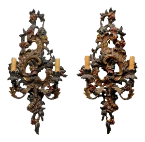 Late 19th Century Italian Rococo Style Carved and Painted Sconces - A Pair