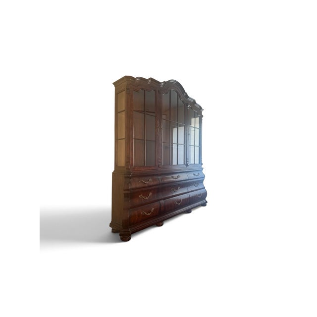 French Vintage Henredon Dutch Louis XV Oak and Burl Wood Lighted Breakfront Cabinet For Sale - Image 3 of 12
