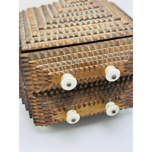 Folk Art Antique Tramp Art Box With Porcelain Feet For Sale - Image 3 of 9