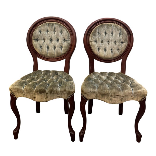 Vintage Victorian Style Mahogany Frame Velvet Tufted Accent Chairs - Pair For Sale - Image 4 of 11