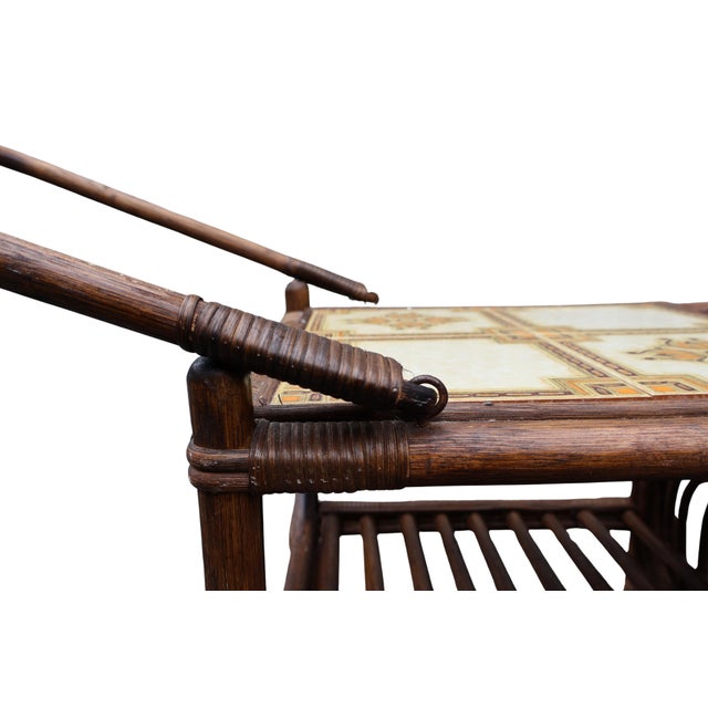 Brown 1960s Italian Bamboo & Rattan Tile-Top Drinks Trolley Bar Cart For Sale - Image 8 of 18