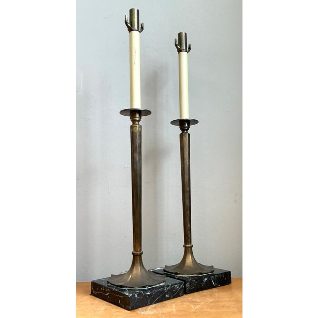Vintage Chapman Brass and Marble Candlestick Lamps - A Pair For Sale - Image 12 of 18