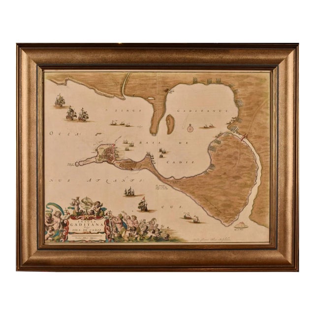 Cadiz Island: A Framed 17th Century Hand-Colored Map From Blaeu's Atlas Major, 1662 For Sale