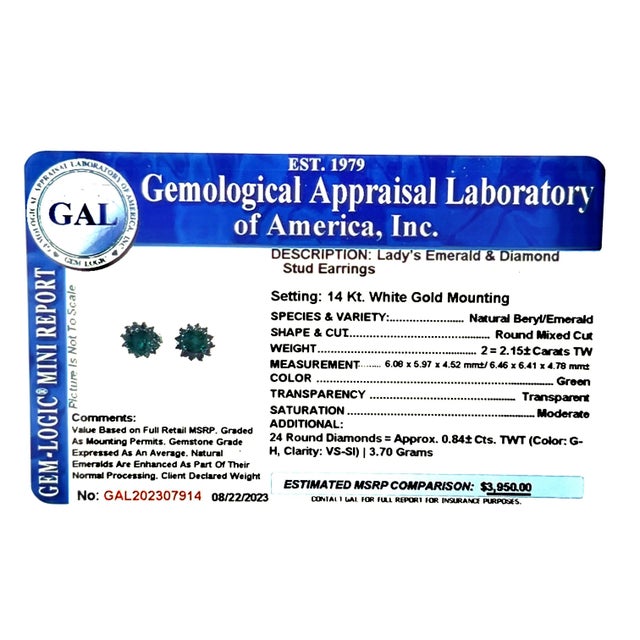 Metal Natural Emerald Diamond Earrings 14k Gold 2.99 TCW Certified For Sale - Image 7 of 10
