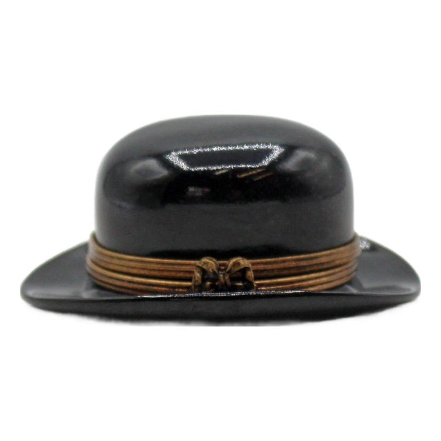 Vintage French Limoges Bowler Hat Form Porcelain Trinket Box For Sale