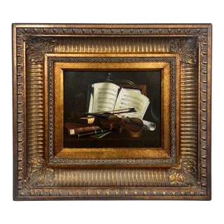 Still Life Violin & Sheet Music Oil on Canvas Signed Hessler, Framed 1900's For Sale