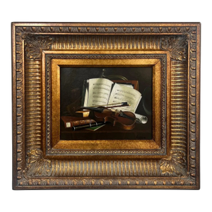 Still Life Violin & Sheet Music Oil on Canvas Signed Hessler, Framed 1900's