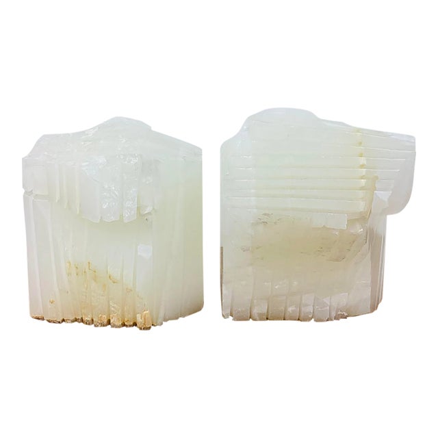 Vintage Brutal Carved White Onyx Stone Pair of Bookends For Sale