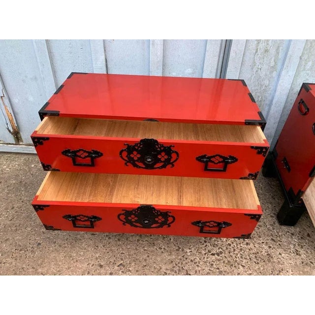 Vintage Pair Red Stained Iron Mounted Campaign Cedar Type Chests, Nightstands Leg bases are removable as pictures Well...