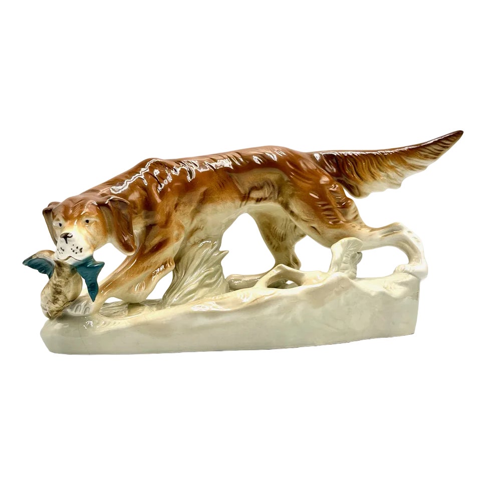 Large Hunting Dog with Duck Figurine in Porcelain from Royal Dux