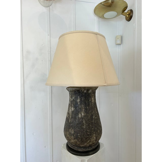 Mid 20th Century Vintage Volcanic Glaze Ceramic Table Lamp With Original Shade For Sale - Image 5 of 7